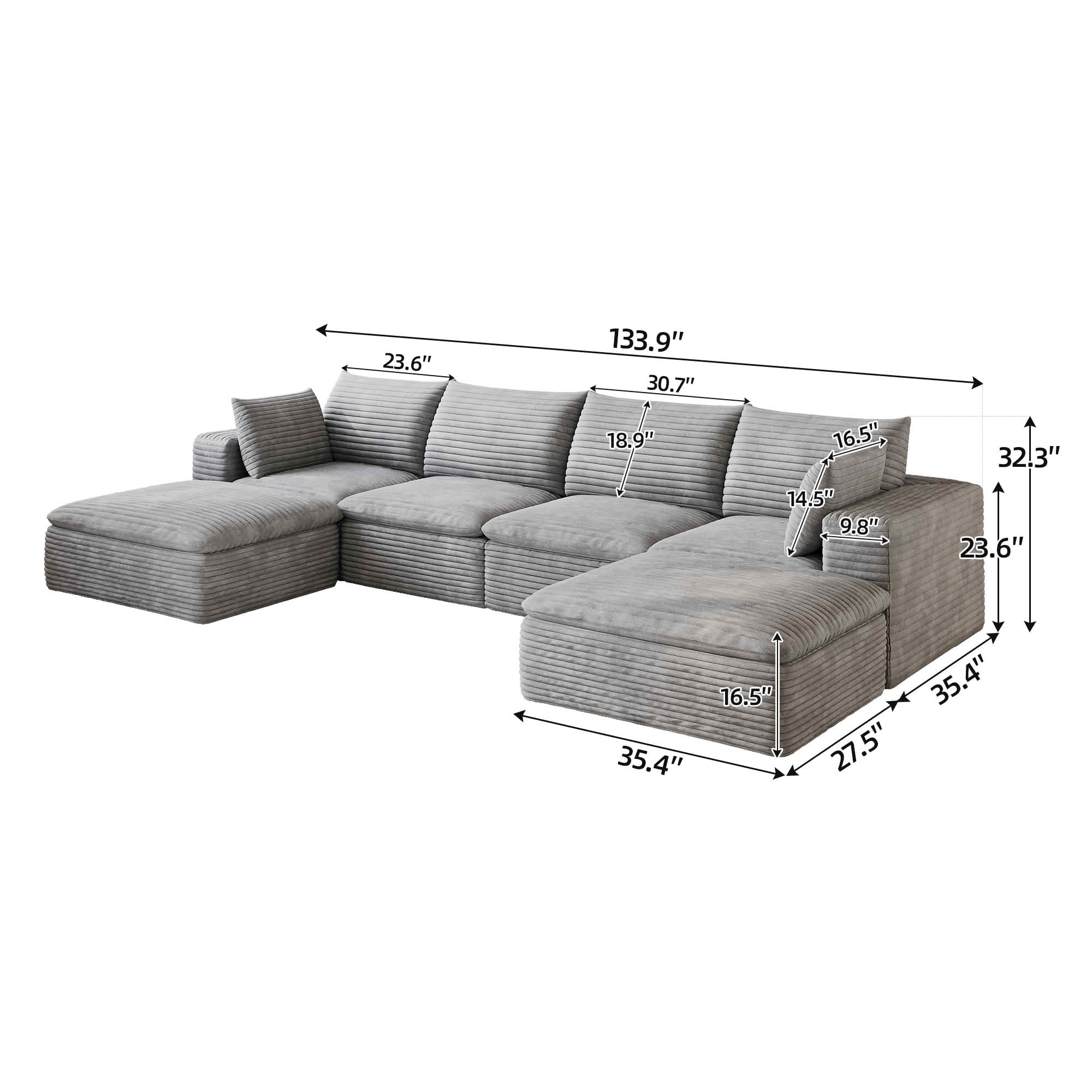 MAYEERTY 134" Corduroy Cloud Sofa, Modular Deep Seat Couch with Removable Cushion & Double-Layer Structure, No Assembly Leisure Sofa for Home & Office