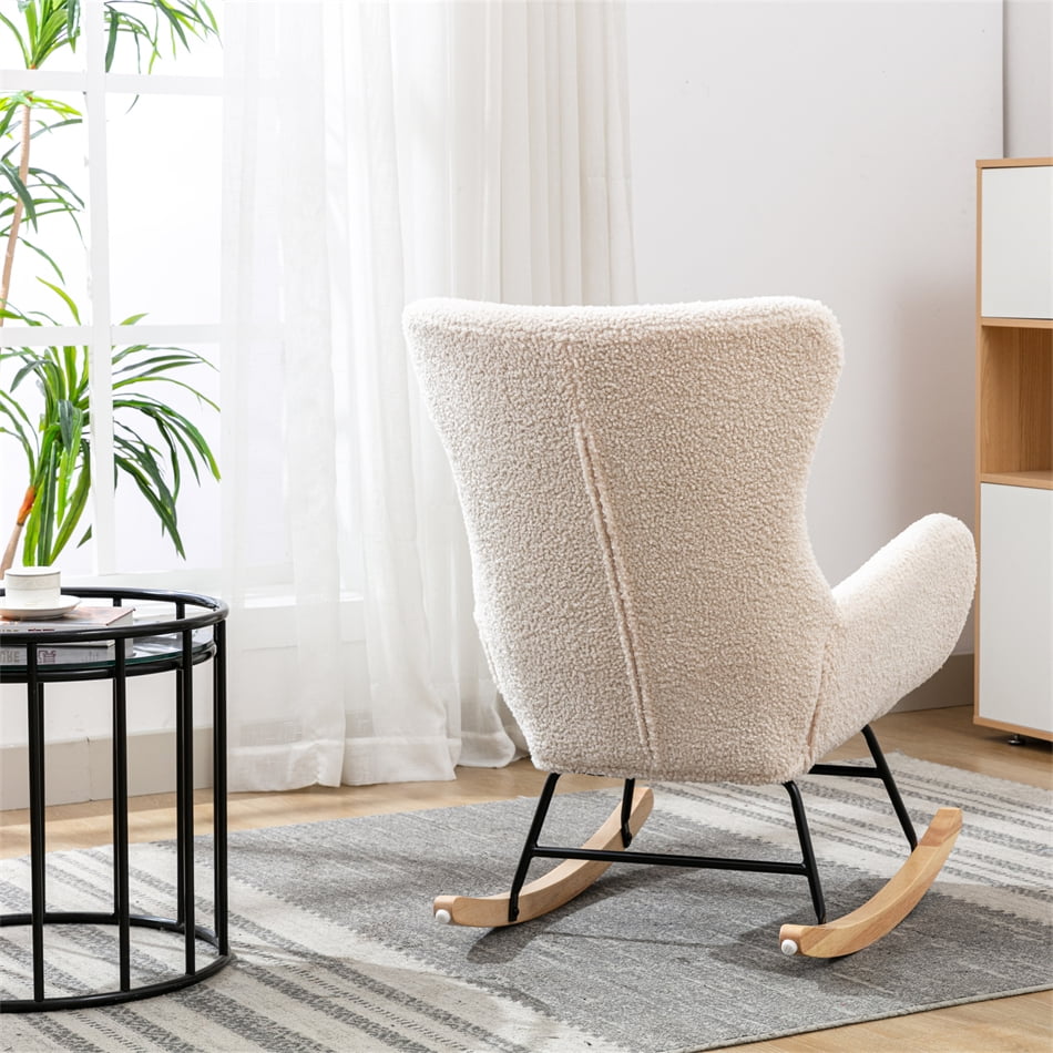 Living Room High Back Nursery Rocking Chair Padded Seat, Modern Teddy Fabric Accent Rocker Chair Recliner Chair with Armrests and Rubber Wood Legs, Upholstered Rocking Chair for Adults Kids, Beige