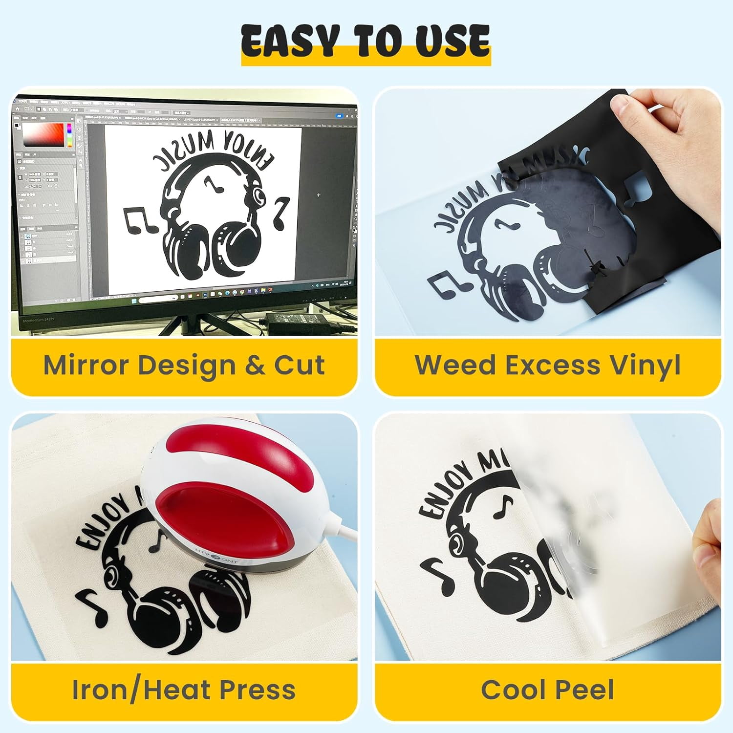 Black HTV Heat Transfer Vinyl Rolls - 12" x 20ft Black Iron on Vinyl for Shirts, Iron on for All Cutting Machines - Easy to Cut & Weed for Craft Heat Vinyl Design