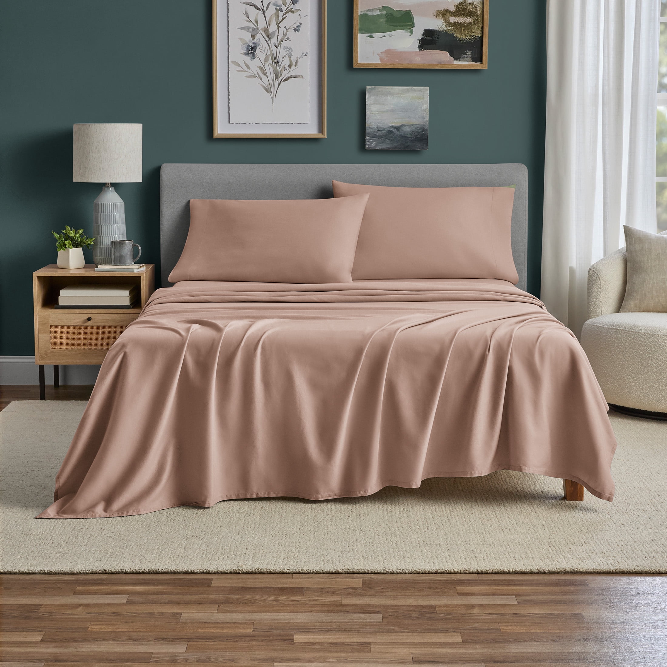 Mainstays 100% Cotton Dreamy Soft 4-Piece Bed Sheet Set, 220 Thread Count Brushed and Washed Sateen, Deep Pocket, King, Teddy Bear Brown