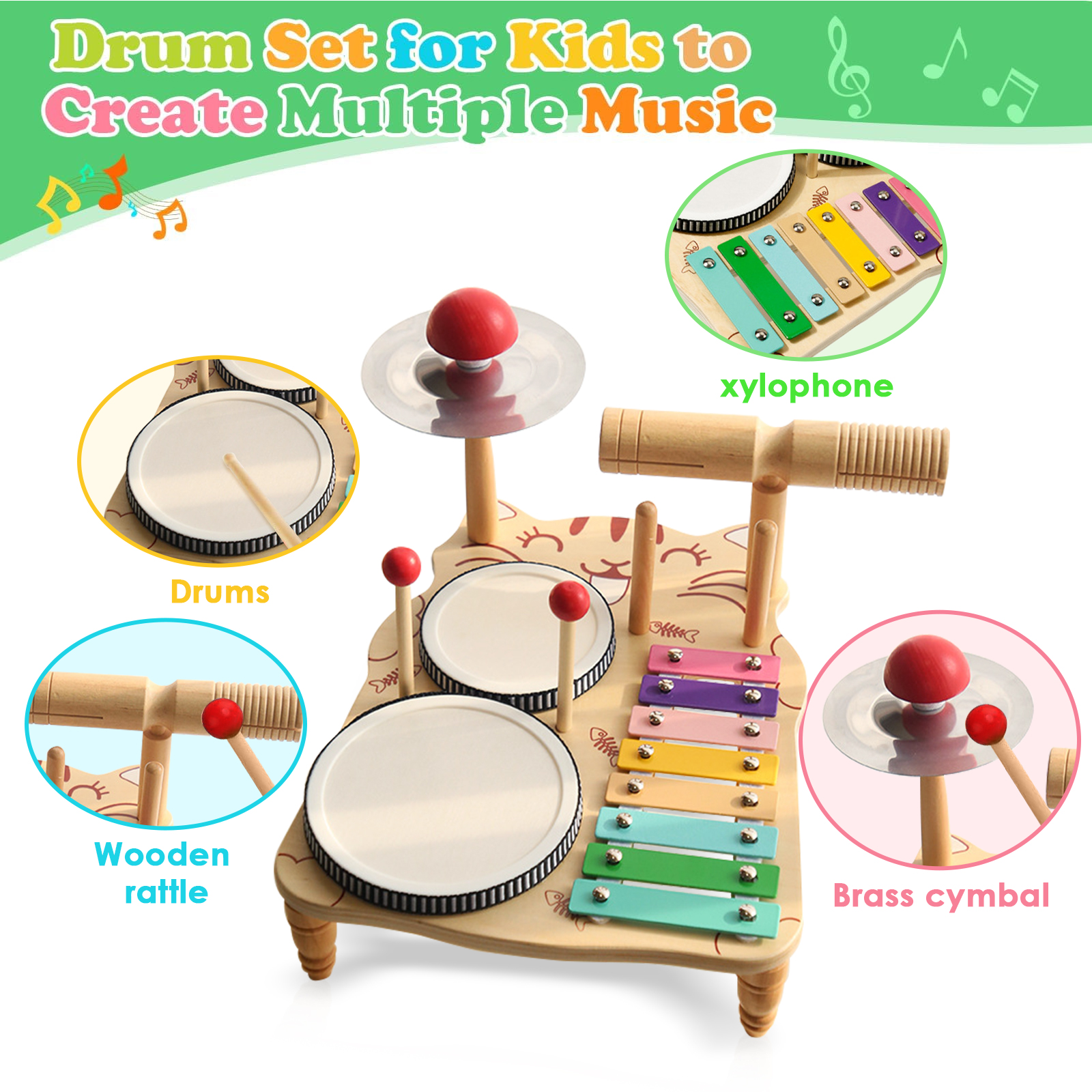 SINGOMON Children's Drum Set, Wooden Musical Toys (Includes Xylophone Cymbals), Birthday Gifts For Boys And Girls Studying In Montessori