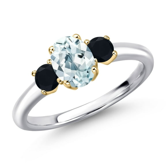 Gem Stone King 10K Two Tone Gold Sky Blue Aquamarine and Black Onyx Engagement Ring for Women | 1.01 Cttw | Oval 7X5MM | Gemstone March Birthstone | Size 9
