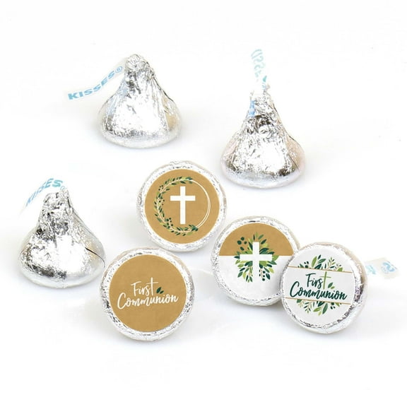 Big Dot of Happiness First Communion Elegant Cross - Religious Party Round Candy Sticker Favors - Labels Fits Chocolate Candy (1 sheet of 108)