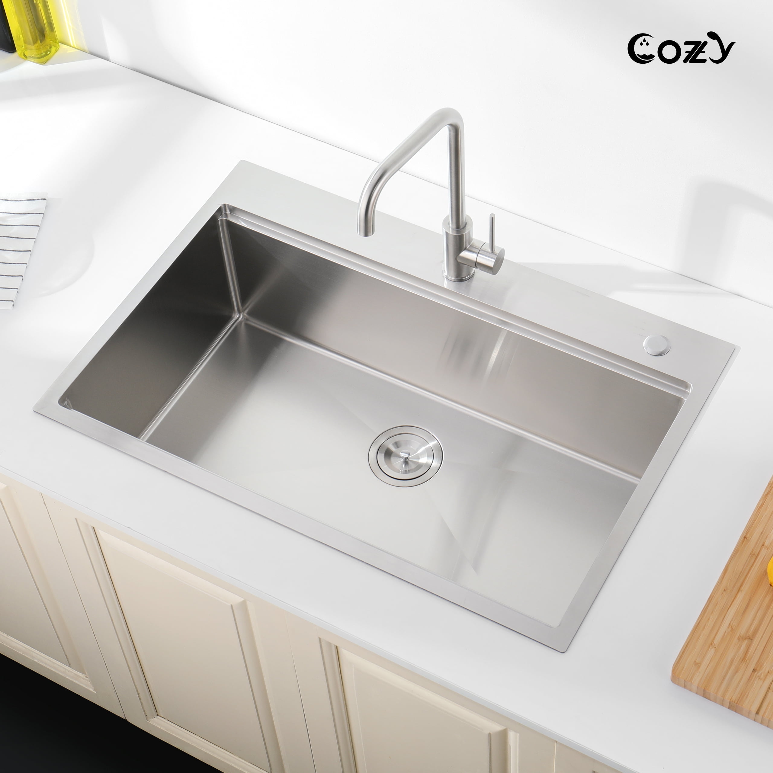 COZY Stainless Steel Kitchen Sink, Single Bowl, Overmount Handmade Sink, with US Standard Drain and Hook.