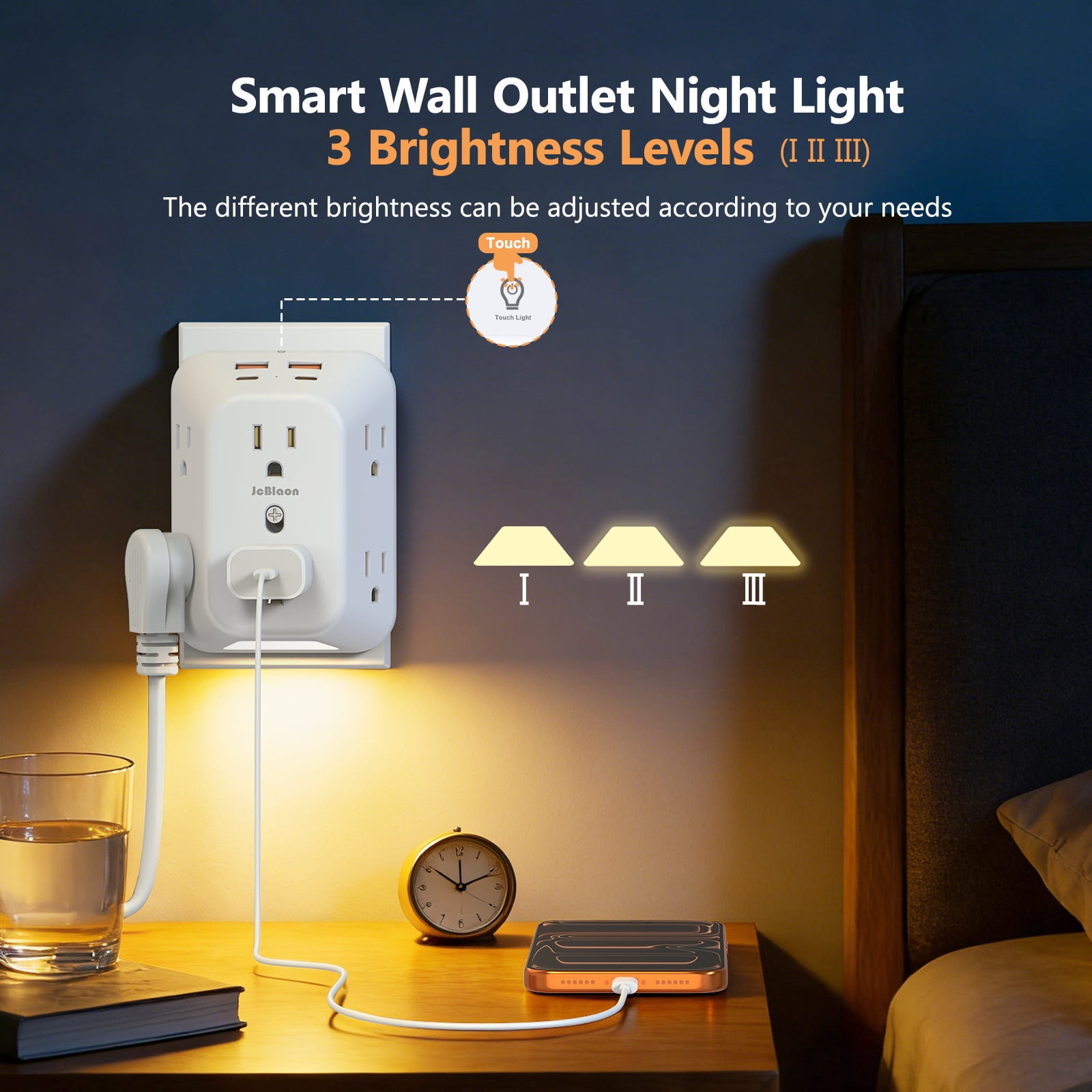 10-in-1 Upgraded USB Wall Outlet - 3-Sided Surge Protector with Auto Dark Sensor & Touch Switch, 3 Modes Warm Night Light with Auto Sensor,