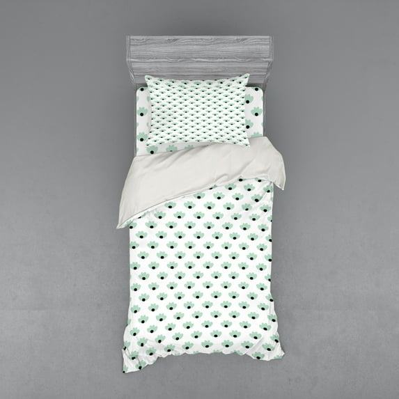 Ambesonne Floral Bedding Set 3 Pcs, Simplistic Flowers Print, Twin XL, Almond Green Black and White