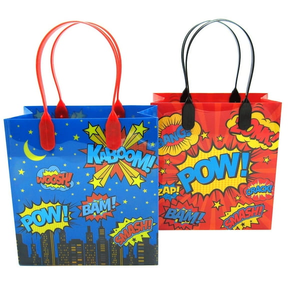 Tinymills Superhero Party Favor Treat Bags with Handles, Pack of 12