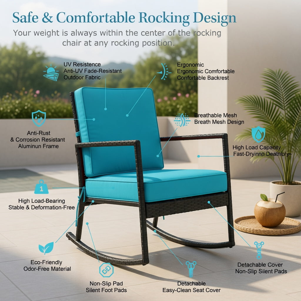 Hommoo Outdoor Rattan Rocking Chair with Thick Tufted Cushions, Weather-Resistant Patio Glider for Deck, Backyard & Garden, Turquoise