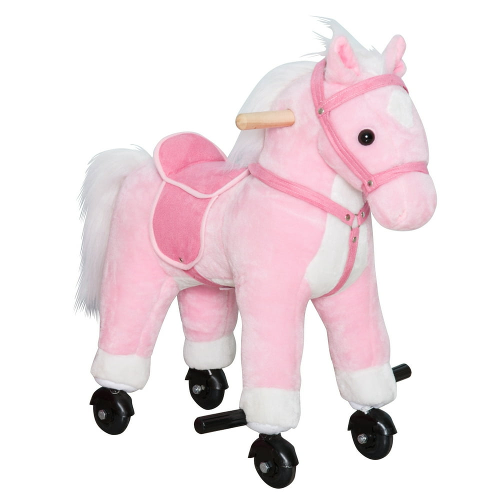 Qaba Kids Plush Toy Ride on Walking Horse with Wheels and Realistic