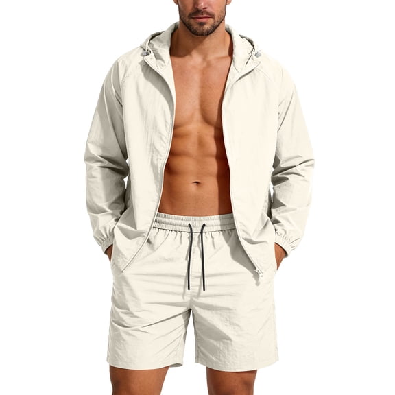 Hinvhai Men 2 Piece Rash Guard UPF 50  Sun Protection Full Zip Hoodie and Shorts Lightweight Long Sleeve Athletic Jackets Set White XXXXL(XXXXL)