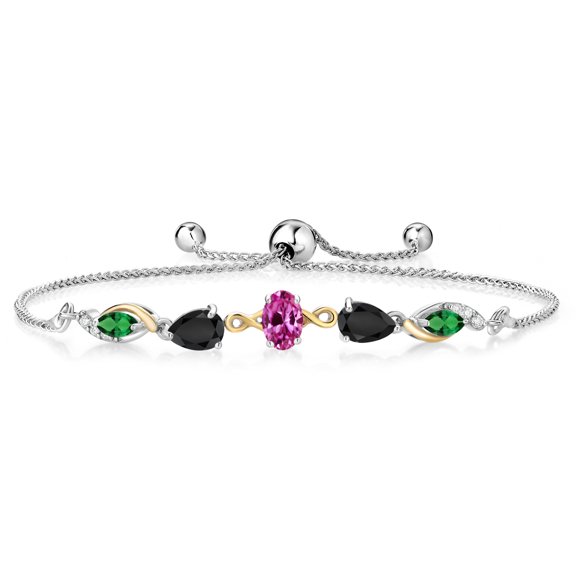 Gem Stone King 925 Silver and 10K Yellow Gold Pink Created Sapphire Black Onyx Green Nano Emerald and Lab Grown Diamond Tennis Bracelet for Women By Keren Hanan (1.70 cttw, Adjustable up To 9 inch)