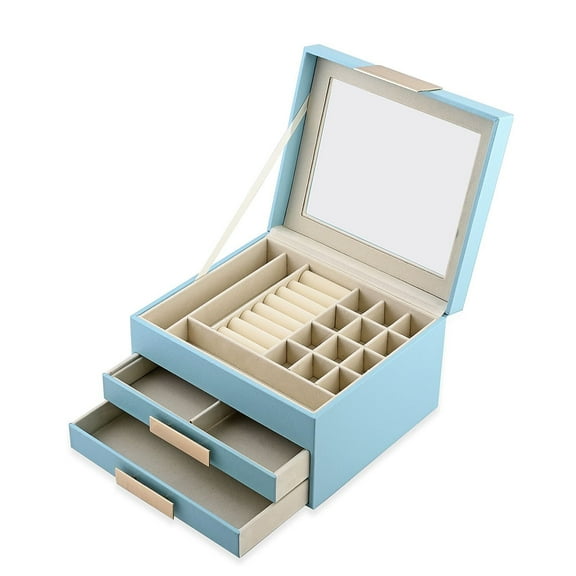 Baby Blue Three Layer Faux Leather Jewelry Box with  Tarnish Lining and 2 Removable Tray Birthday Christmas Gifts
