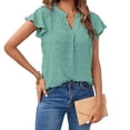 thumbnail image 2 of Women's Summer Blouses V Neck Swiss Dots Plain Work Tops Ruffle Short Sleeve Casual Comfy Loose Tunic Tops T Shirts, 2 of 7