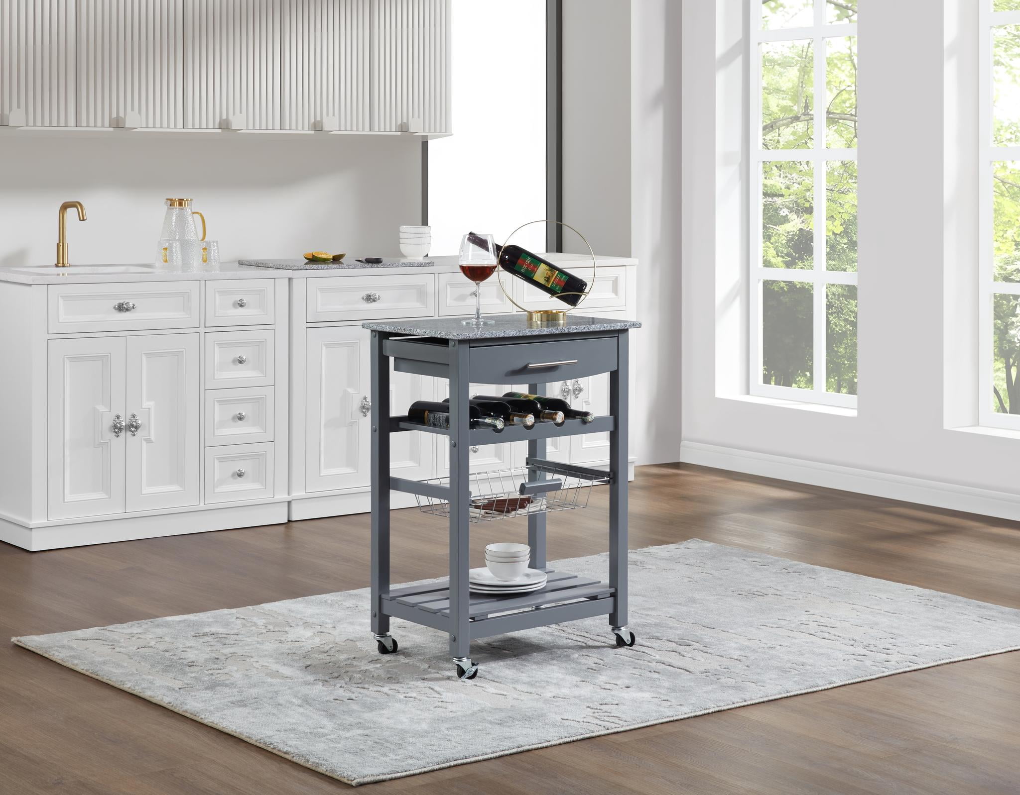 Rolling Kitchen Island Serving Cart with Underneath Drawer & Slide-Out Wire Storage Basket