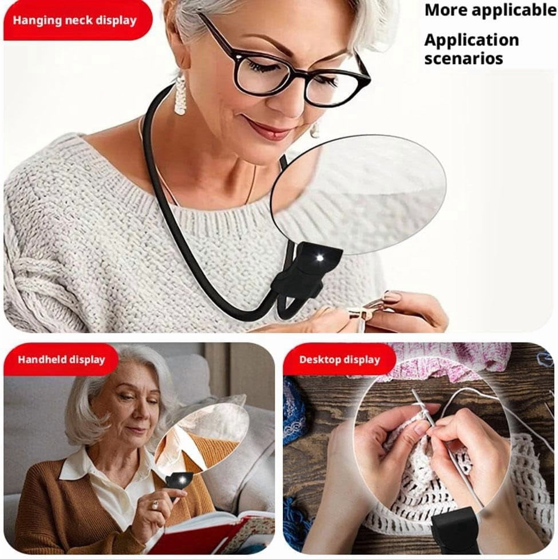 3-in-1 Hands Free Magnifying Glass，Neck Wearable, Handheld & Desktop Magnifier for Reading, Sewing, Cross-Stitch & Crafts,Type-C Rechargeable HD Lens Visual Aid,Gift for Seniors