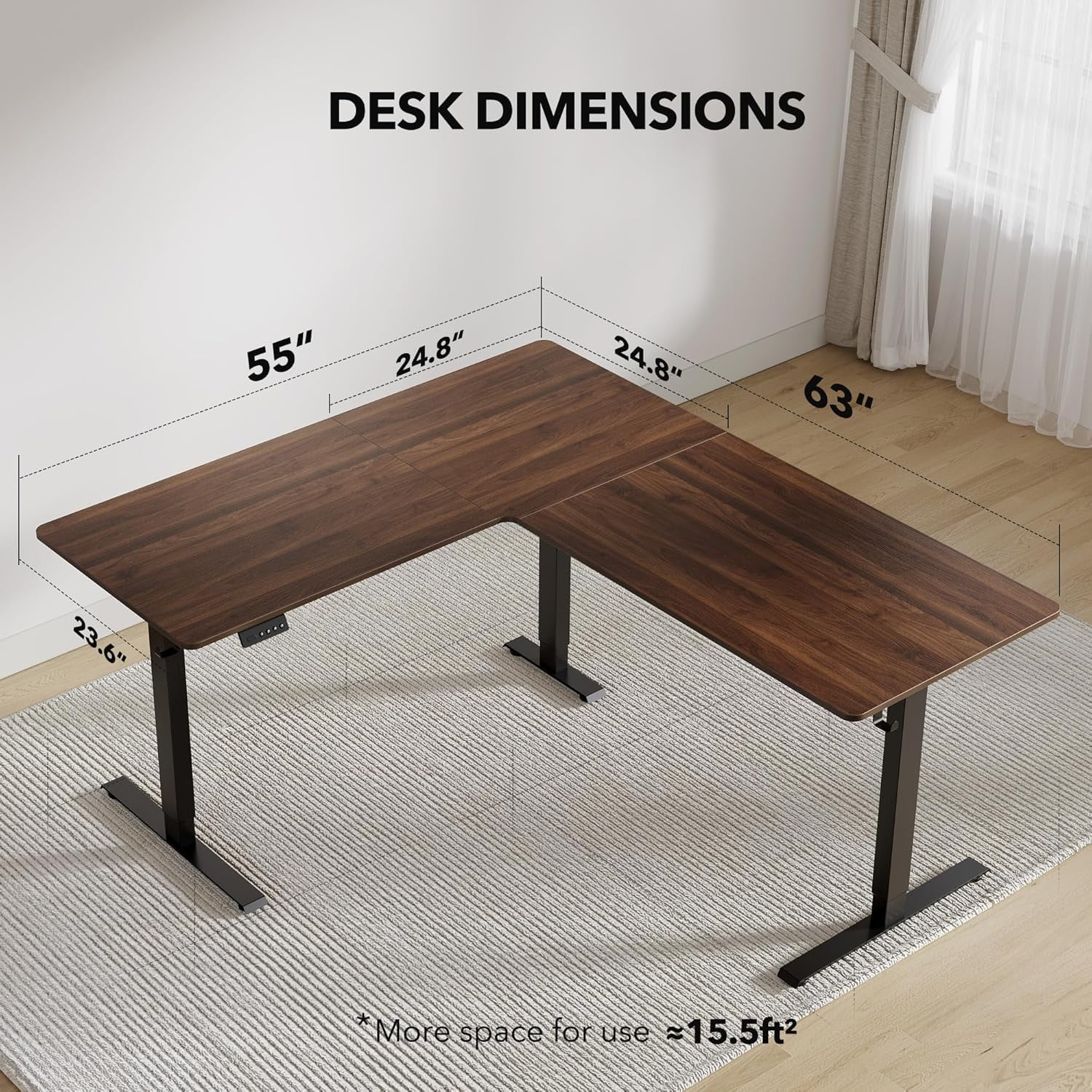 DESINO L-Shaped Standing Desk Adjustable Height, 63 Inch Electric Stand up Corner Computer Desk, Sit Stand Home Office Desk with Splice Board, Light Rustic Brown