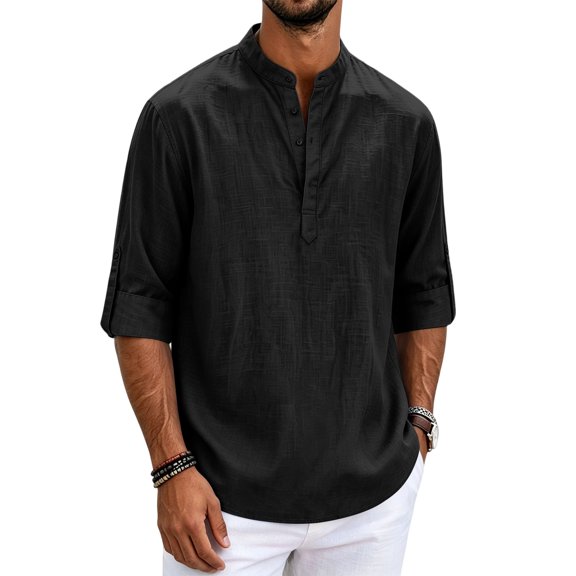 Mens Shirts 3/4 Sleeve Cotton Linen Henley T-shirts Lightweight Oversized Button Up Summer Solid Tops