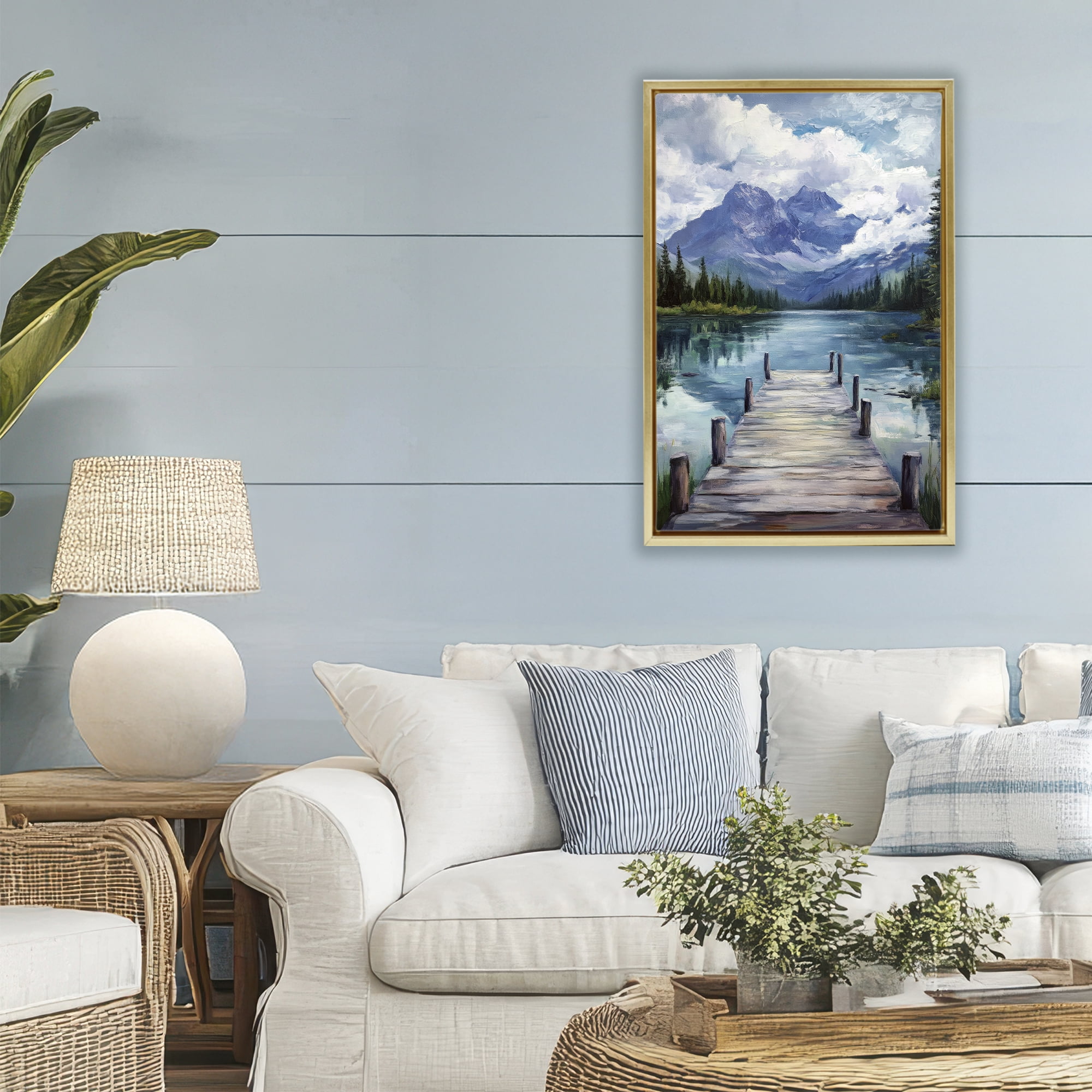 Stupell Industries Weathered Dock on Mountain Lake Gold Framed Floater Canvas Wall Art, design by Petal Prints Design