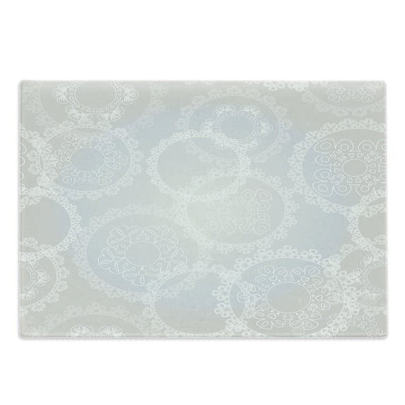 Pearls Cutting Board, Circles Lace Doily Pattern Modern and Romantic Bridal Style Design Art Print, Decorative Tempered Glass Cutting and Serving Board, Large Size, Grey White, by Ambesonne