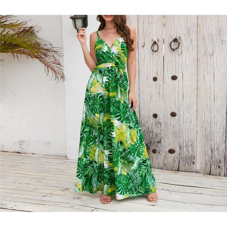 Women Summer Boho Long Maxi Dresses Ladies Floral Print Casual Spaghetti  Strap Tank Dress Beach Holiday Sleeveless V Neck Sun Dresses 