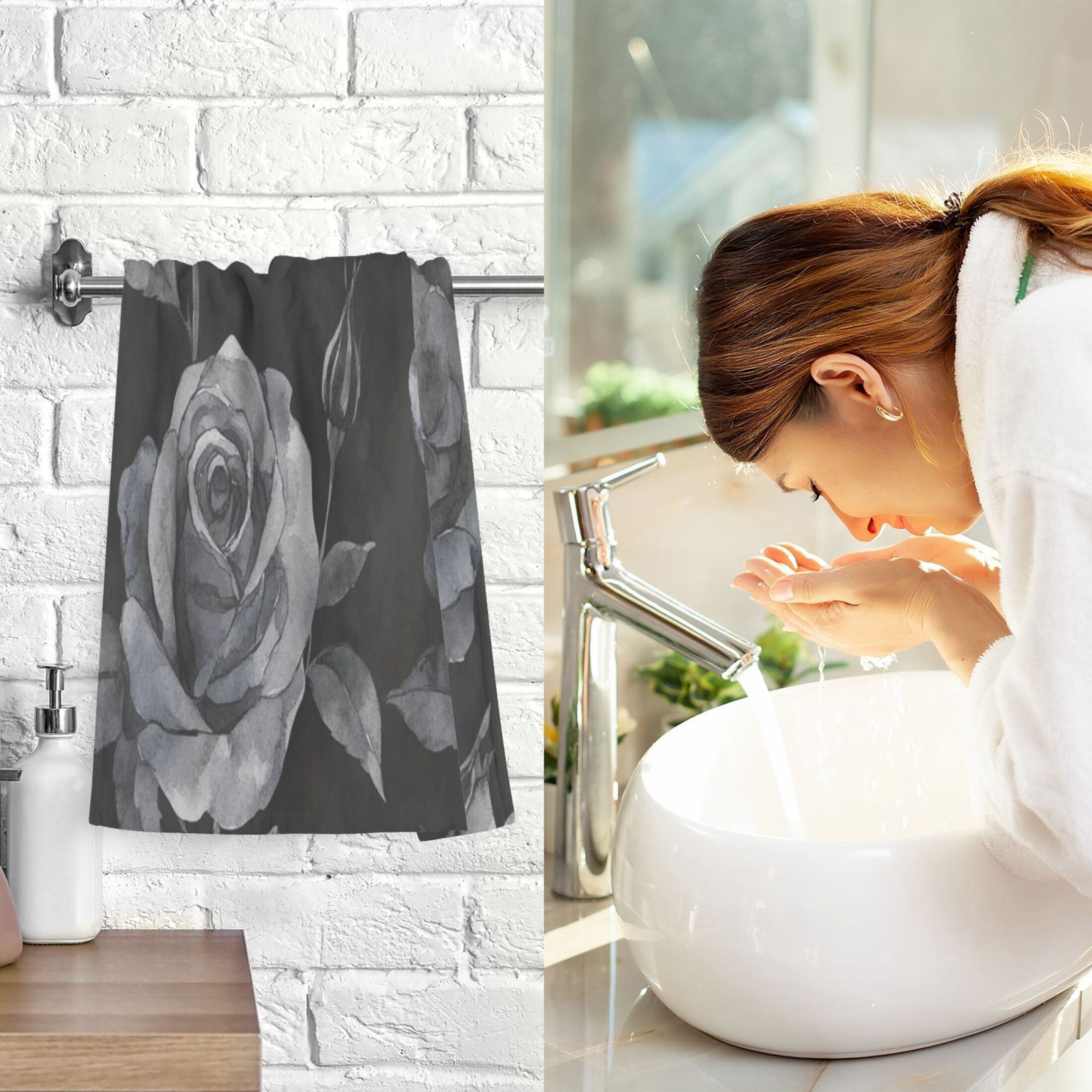 Cotton Towel Two-Piece 16x28 Inch One Sizex2 Face Towel Set Towel Set Cotton Hand Bath Towel Bathroom Beach Black Roses Seamless