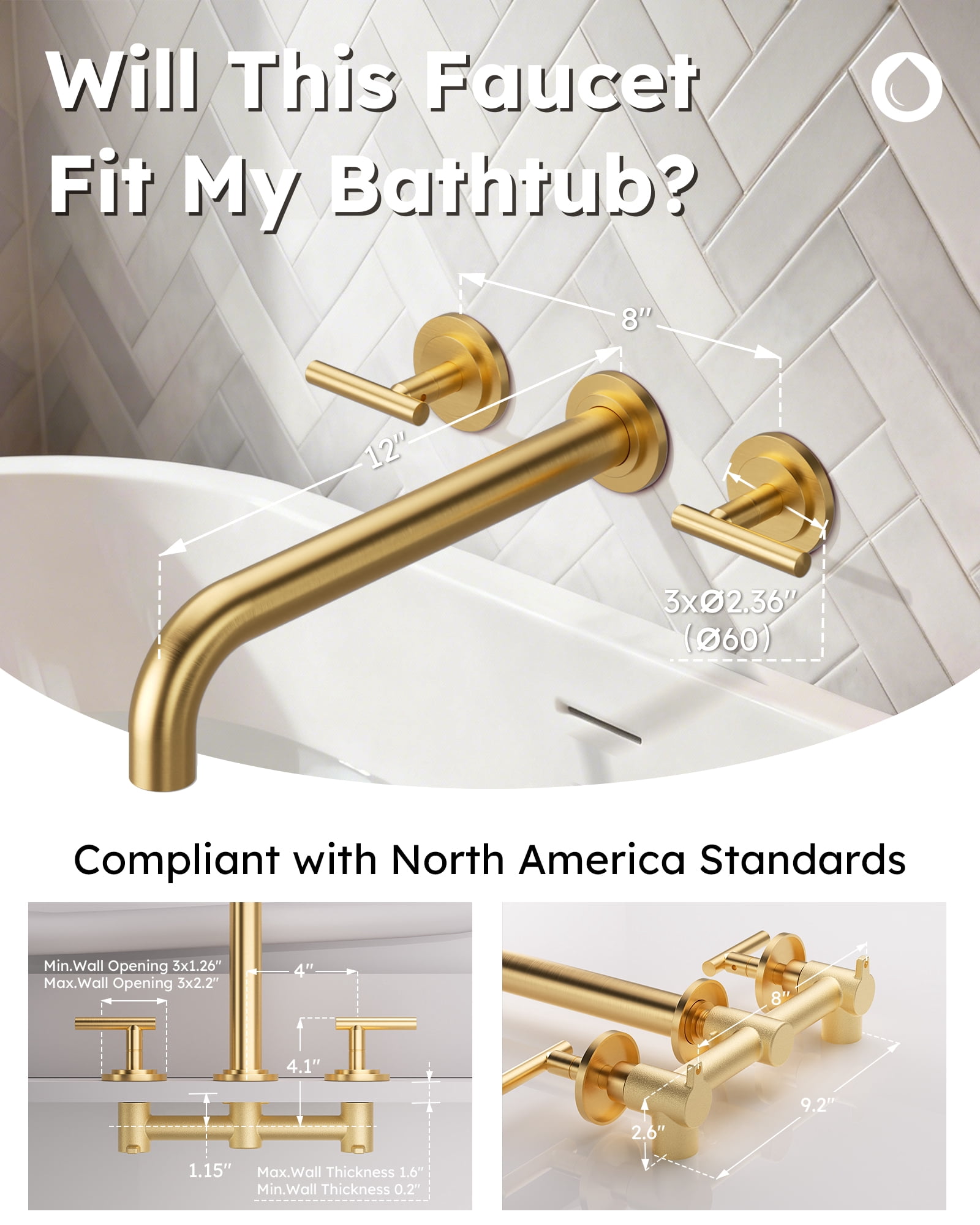 Wowow Wall Mount Tub Filler: Gold Tub Faucet High Flow Two Handles Solid Brass, Long Spout Reach,Tub Faucet Bathroom Bathtub Faucets with 2 Handles Tub Faucets with Brass Rough in Valve Include