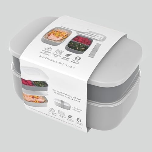 Classic - Adult Bento Box, Stackable 3-Compartment Lunch Box with Removable Utensil Set and Sealing Strap, BPA-Free, Food Container Ideal for Meal Prep, Work, and On the Go (Gray)