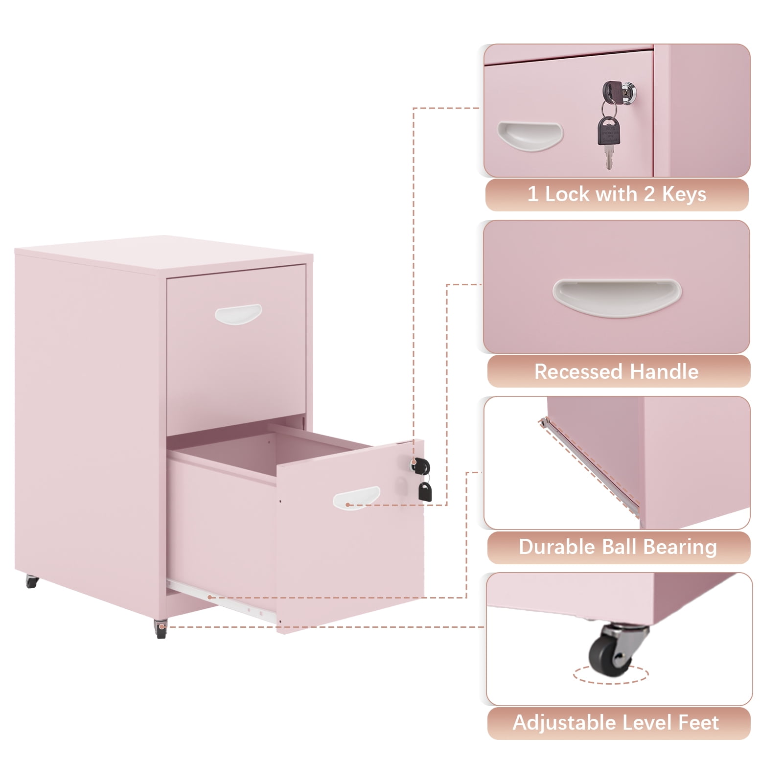 Polup Pink Office Mobile Vertical File Cabinet with Lock and Rolling Wheels 18"D Metal