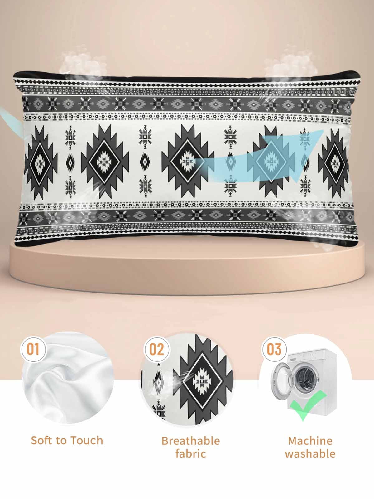 Gray Boho Pillow Cases Cal King Size, Smooth Satin Pillowcase for Hair and Skin, Southwest Aztec Country Geometric Aesthetic Decorative Cooling Bed Pillow Covers with Zipper, 20x40 Inches