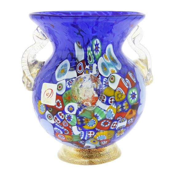 GlassOfVenice Murano Glass Millefiori Urn Vase With Lion Heads - Blue