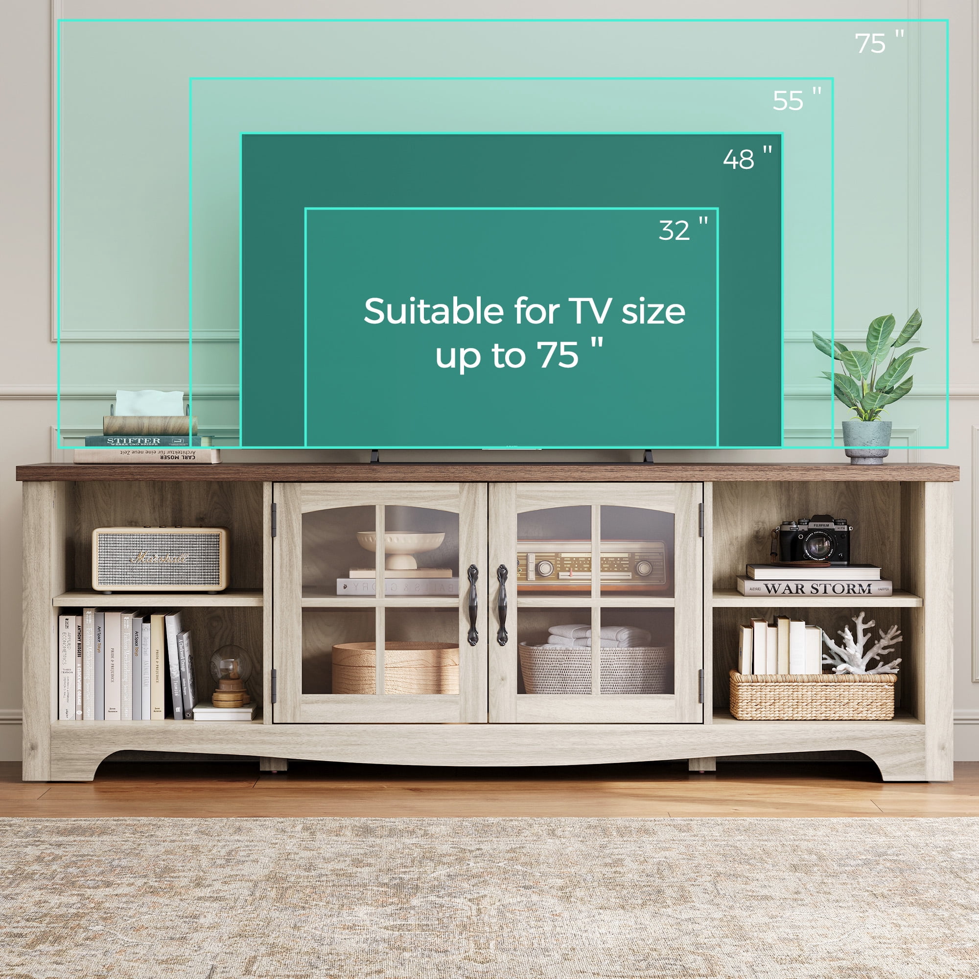 LINSY HOME Modern Farmhouse TV Stand for TVs up to 75", Home Entertainment Center with Storage Cabinet and Adjustable Shelves, Washed Grey & Brown