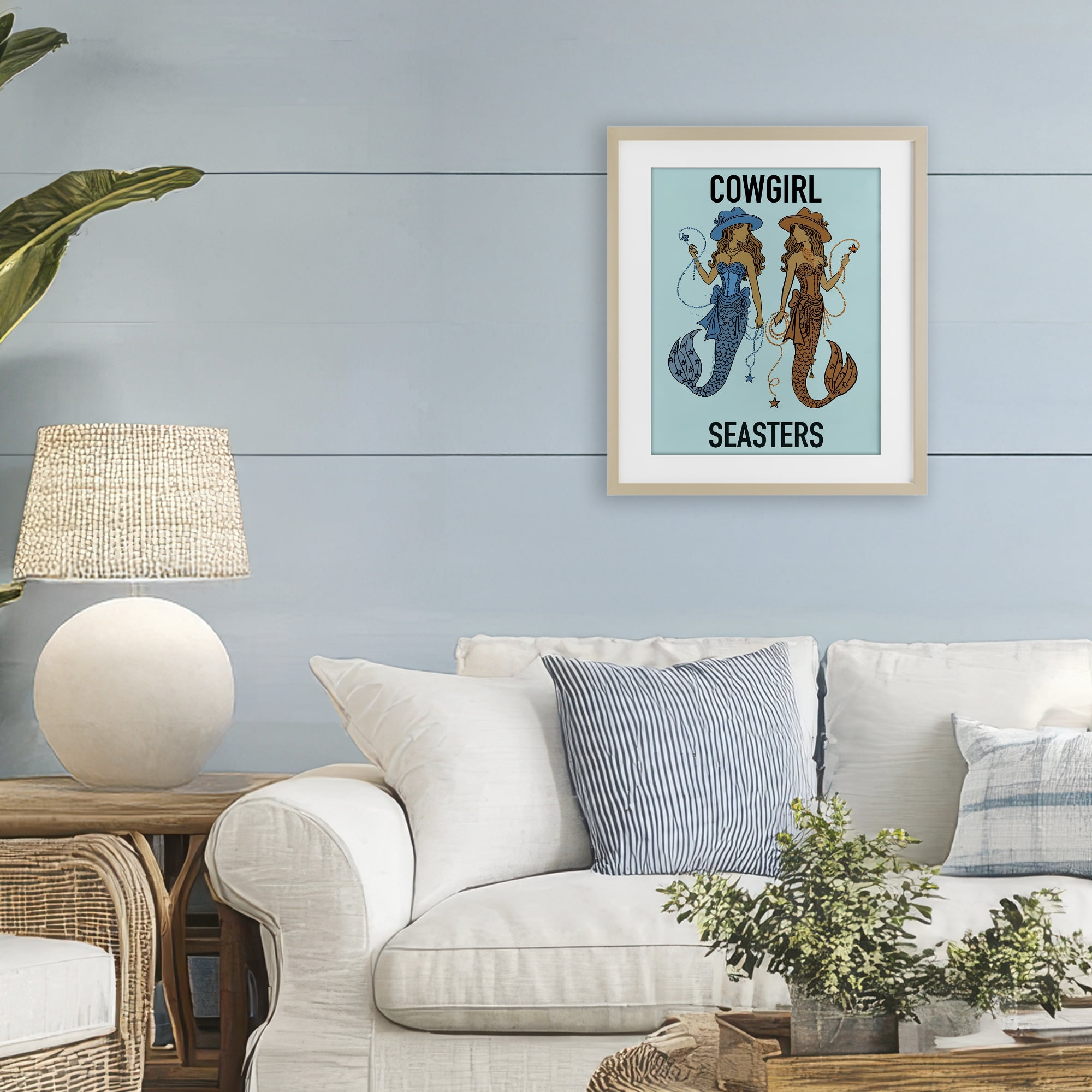 Cowgirl Seasters Mermaid Friendship Birch Framed Print Under Glass, design by Amelia Noyes