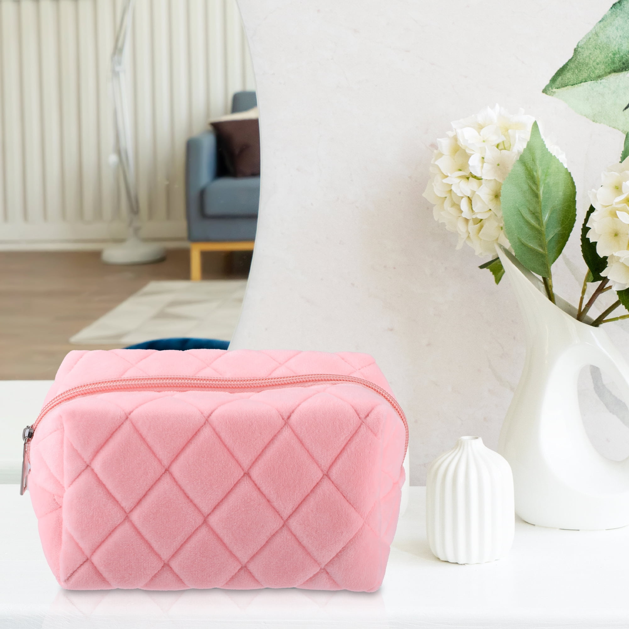 Unique Bargains 1Pc Soft Velet Durable Portable Travel Makeup Bag for Toiletry  Pink