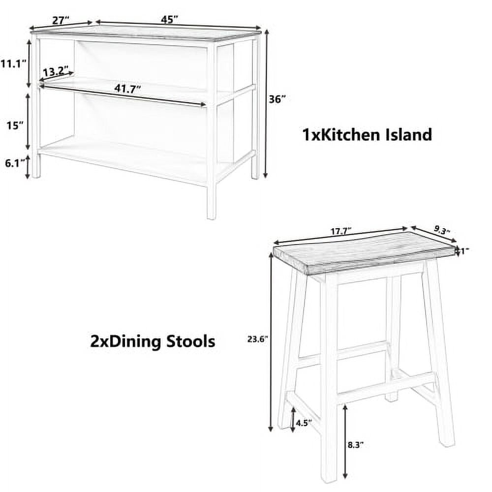 Charming Solid Rubber Wood Rustic 3 - Piece 45" Stationary Kitchen Island Set with 2 Seatings, Butcher Block Top, 2 Open Shelves - Walnut + Cream White