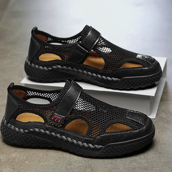 Domuza Men's Summer Casual Comfortable Closed Toe Leather Handmade Sandals Outdoor Fisherman Beach Shoes For Outdoor Walking Driving Black 9 (EU-43)