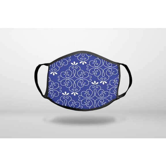 Dark Blue White Floral - 3-Ply Reusable Soft Cloth Face Covering, Unisex, Cotton Inner Layer