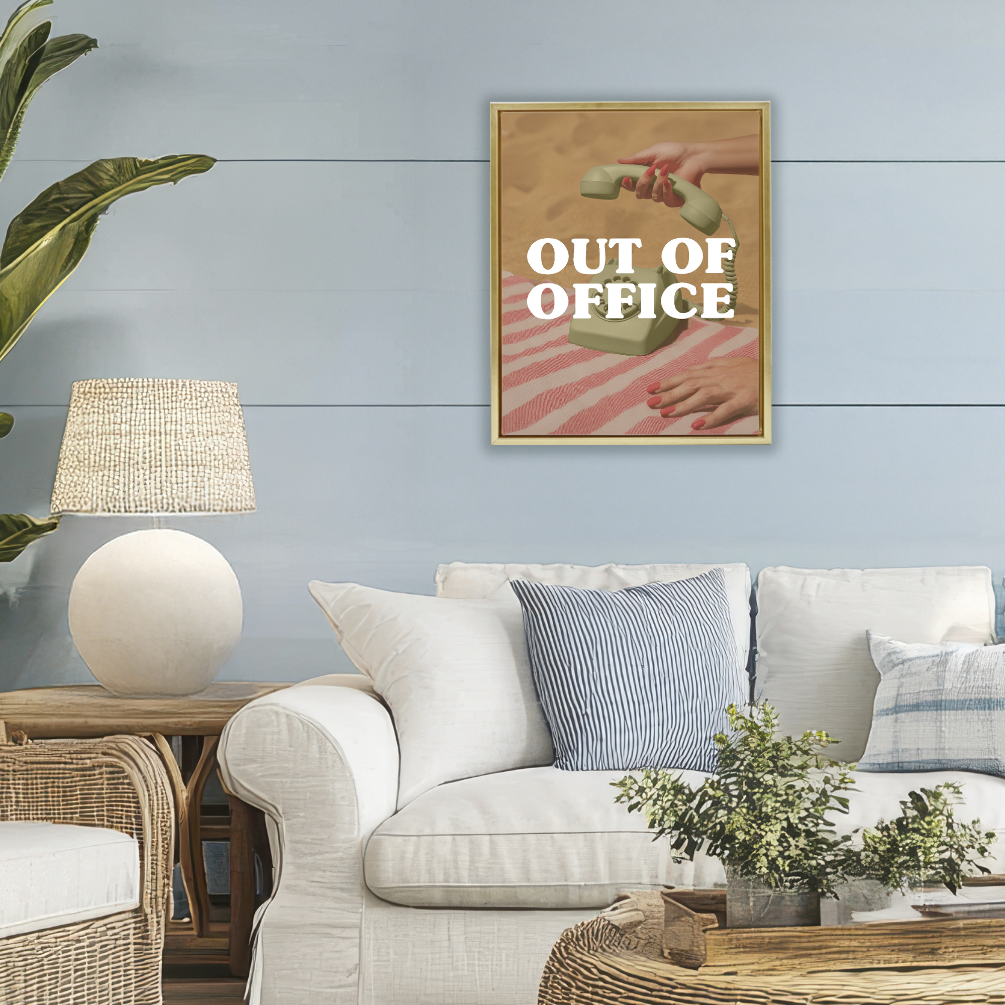 Out of Office Green Phone Gold Framed Floater Canvas Wall Art, design by Lil' Rue