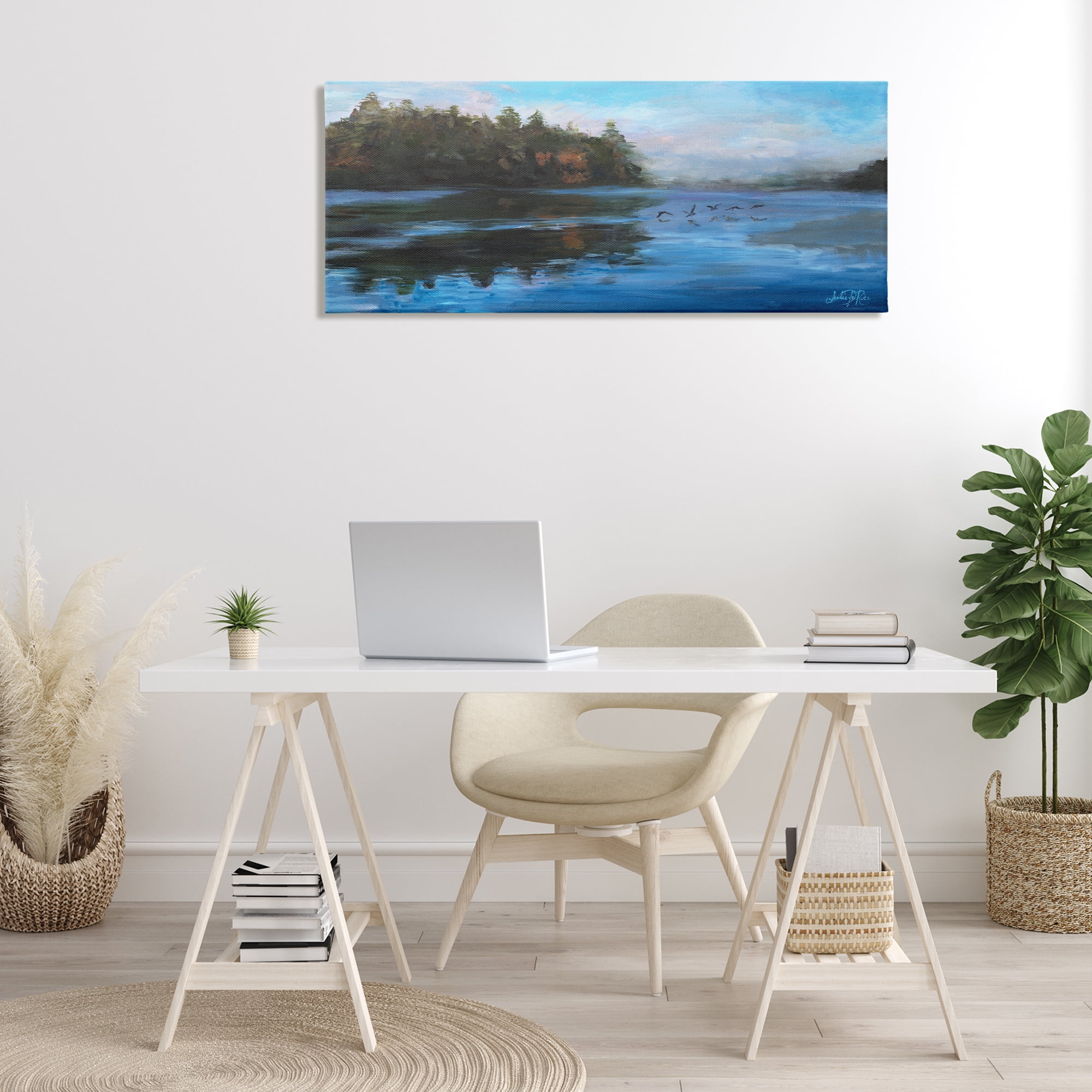 Stupell Industries Birds Along River Landscape Painting Gallery Wrapped Canvas Art Print Wall Art, 48 x 20