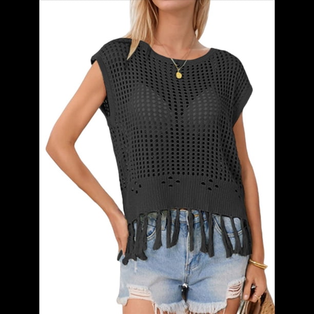 Top Corto de de Ganchillo con Borlas para Mujer, Sexy, de Corta, de Rejilla Transparente. Negro L