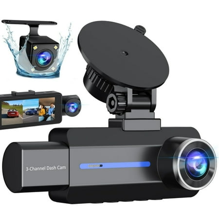 3 Channel Dash Cam, 2K+720P+480P Dash Cam Front and Rear Inside, Dash Camera for Cars, Triple Car Camera, G-Sensor, 24Hr Parking, Loop Recording, IR Night Vision