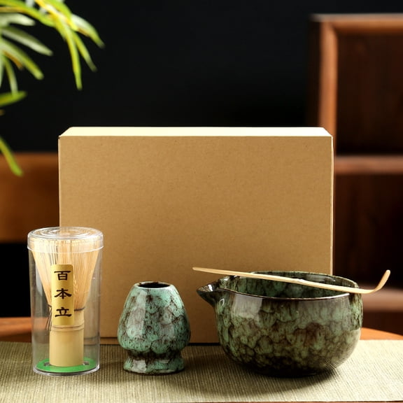 4PCS Matcha Whisk Set Kit Safe Bamboo Whisk and Ceramic Bowl for Tea Ceremony Matcha Lover and Beginner