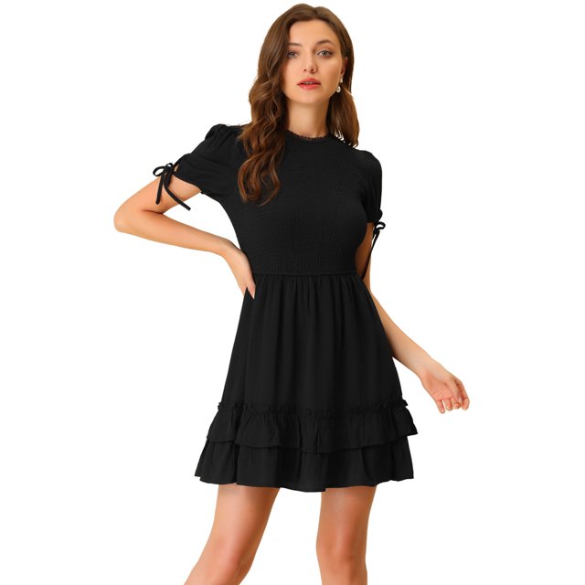 INSPIRE CHIC Robe Courte Trapèze d'Été Douce Texturée à Volants pour Femme Noire G
