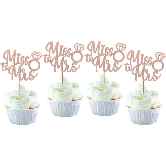 Miss to Mrs Cupcake Toppers, Rose Gold Glitter, Diamond Ring Design, Bridal Shower and Engagement Party Decorations, 12 Pack