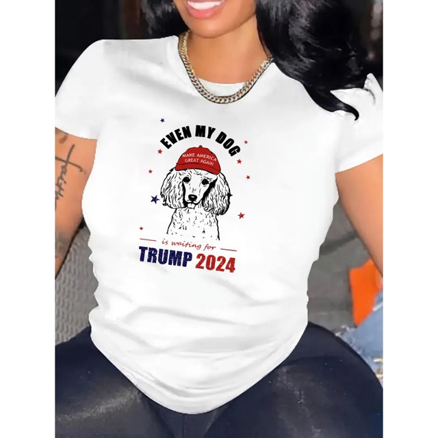 Women's Fashion Casual Round Neck Short Sleeve T-Shirt, Knitted Polyester, Patriotic Dog Graphic Print, Comfortable Summer Top, All-Season Ladies Leisure Sportswear