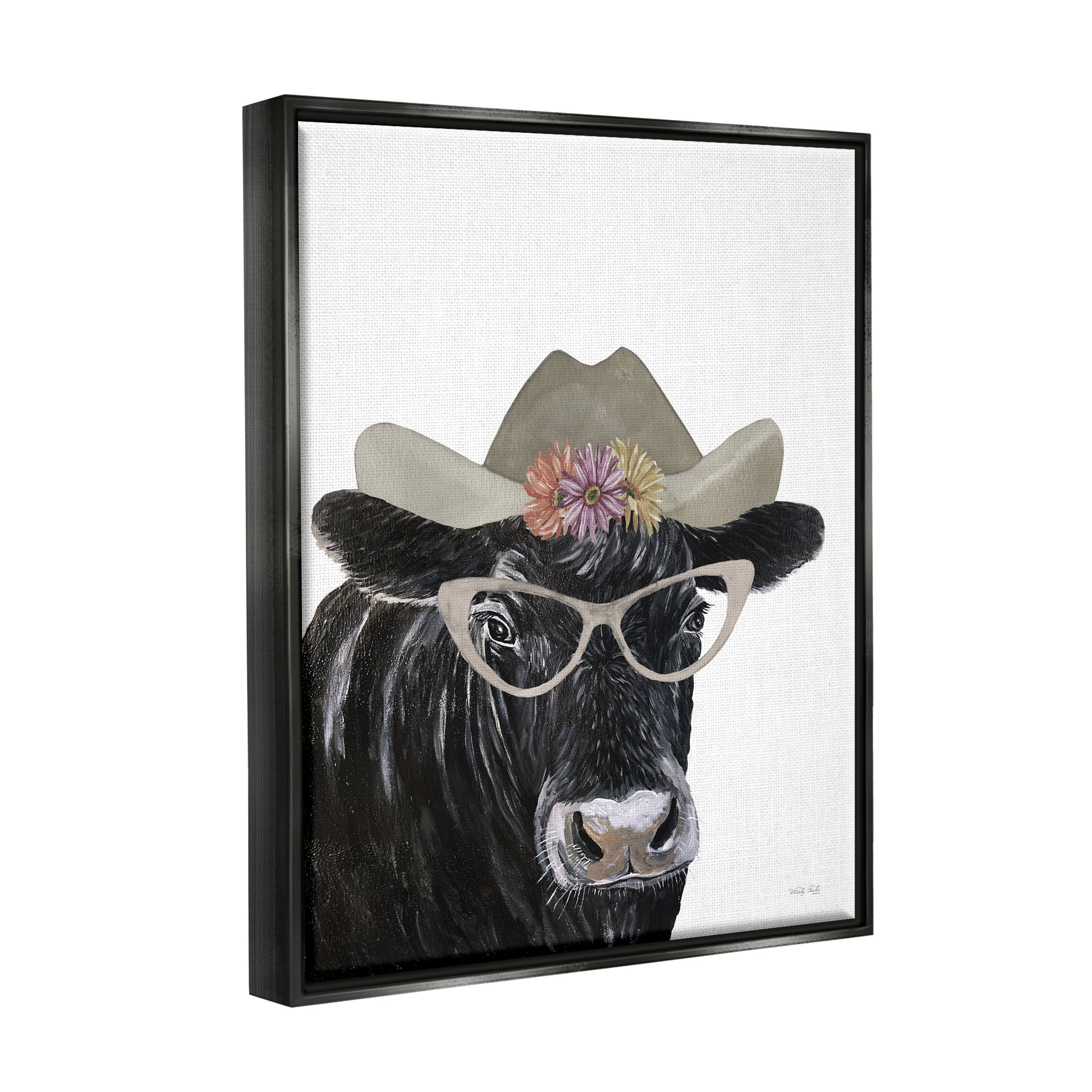 Stupell Industries Black Cow in Floral Hat Animals & Insects Painting Black Floater Framed Art Print Wall Art, 17 x 21