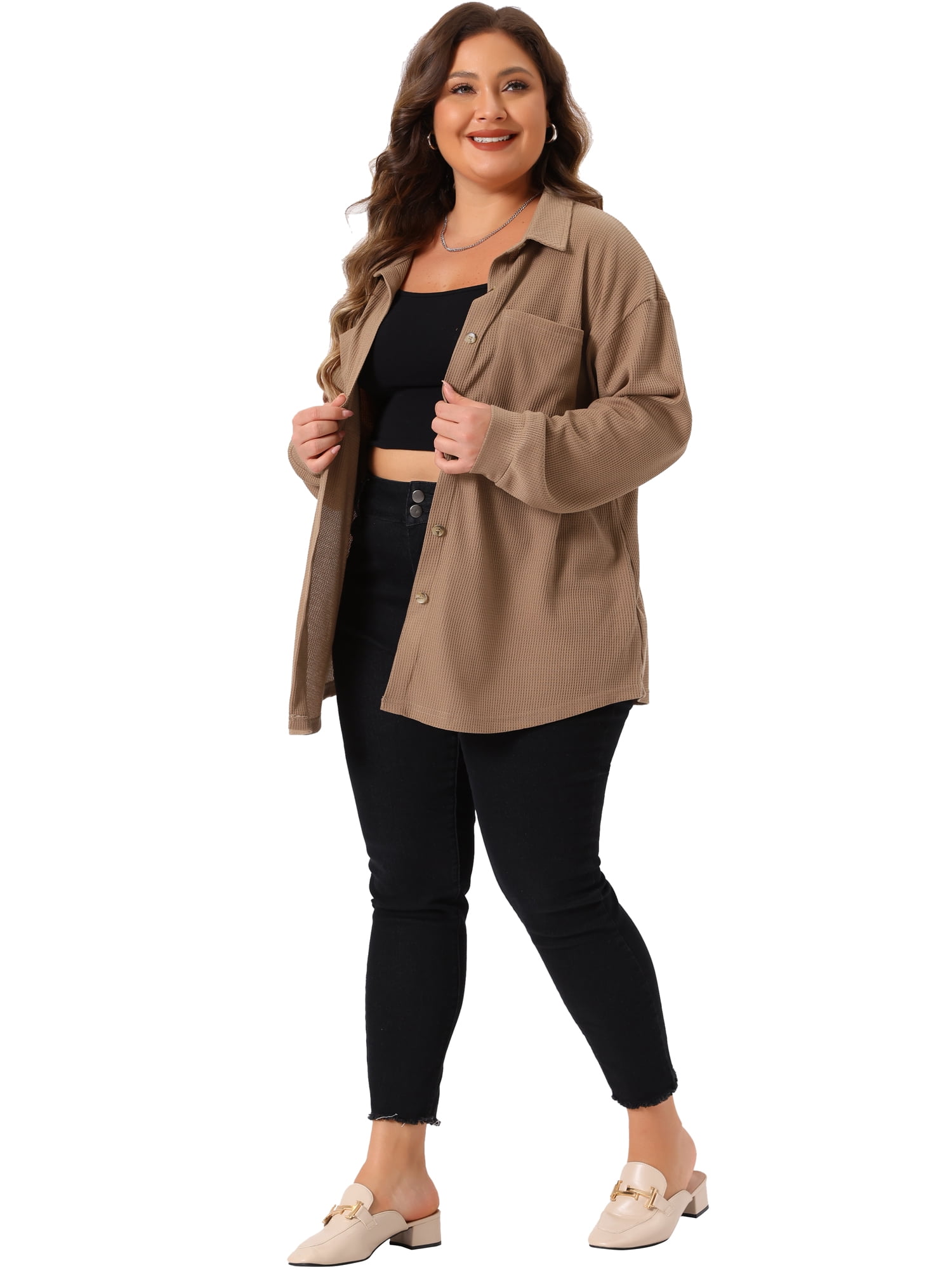 DARING DIVA Plus Size Waffle Knit Shirt Long Sleeve Button Down Jacket 1X Brown