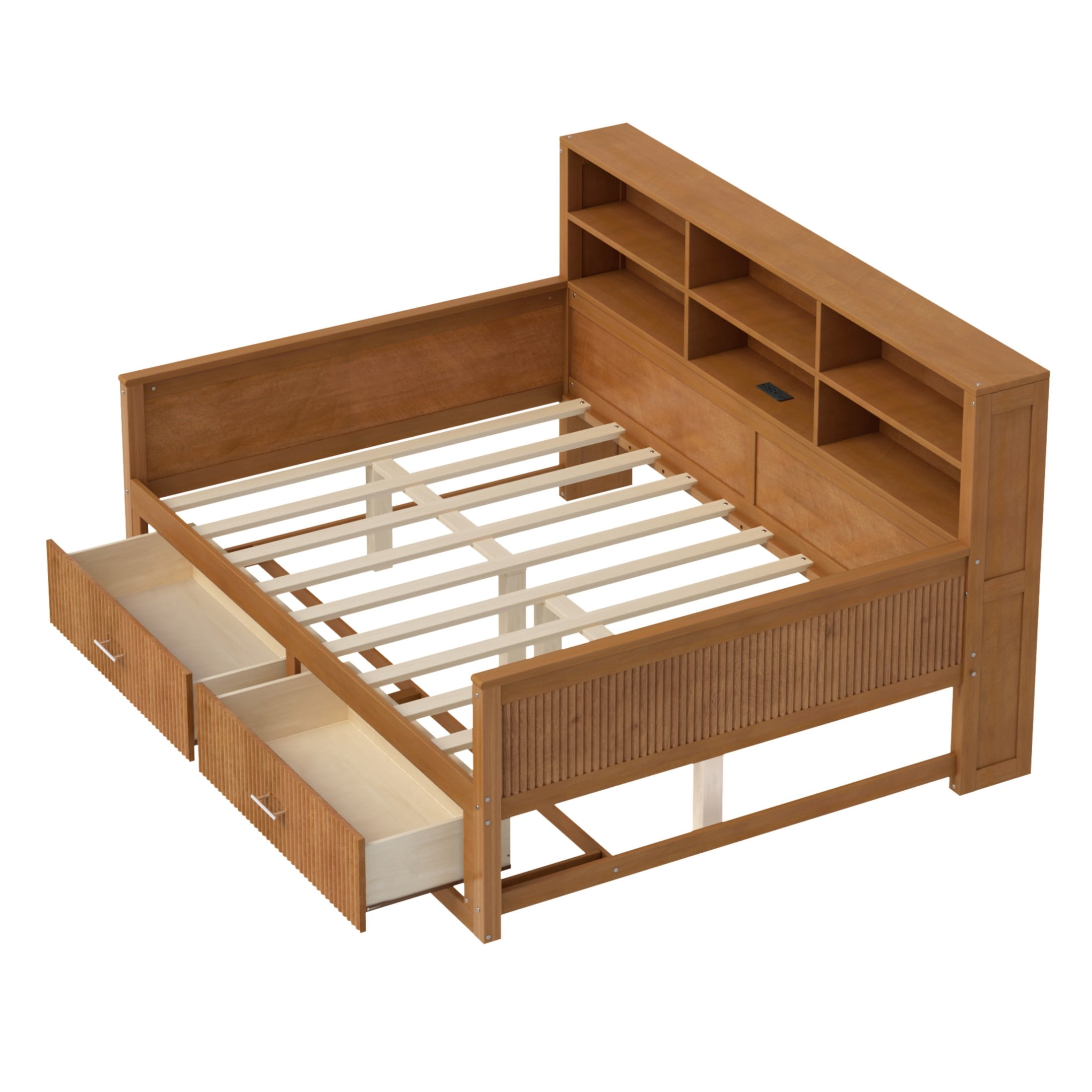 GDF Studio Josha Full-Size Wooden Daybed with Bookcase Headboard, Storage Drawers & Built-In Charging Station, Walnut