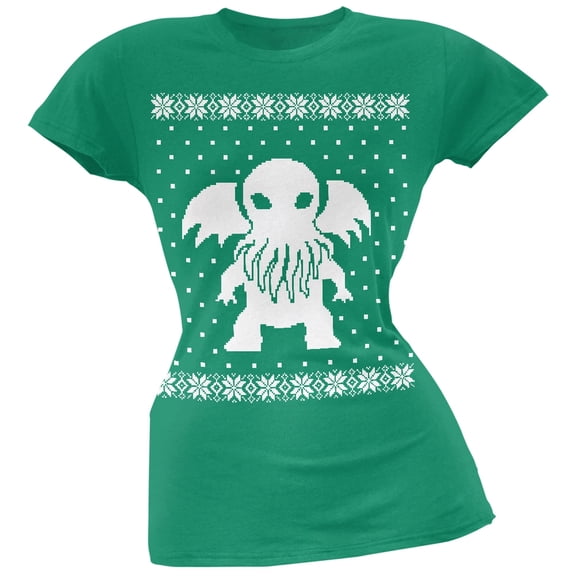 Big Cthulhu Ugly Lovecraft Christmas Sweater Green Soft Juniors T-Shirt - Large