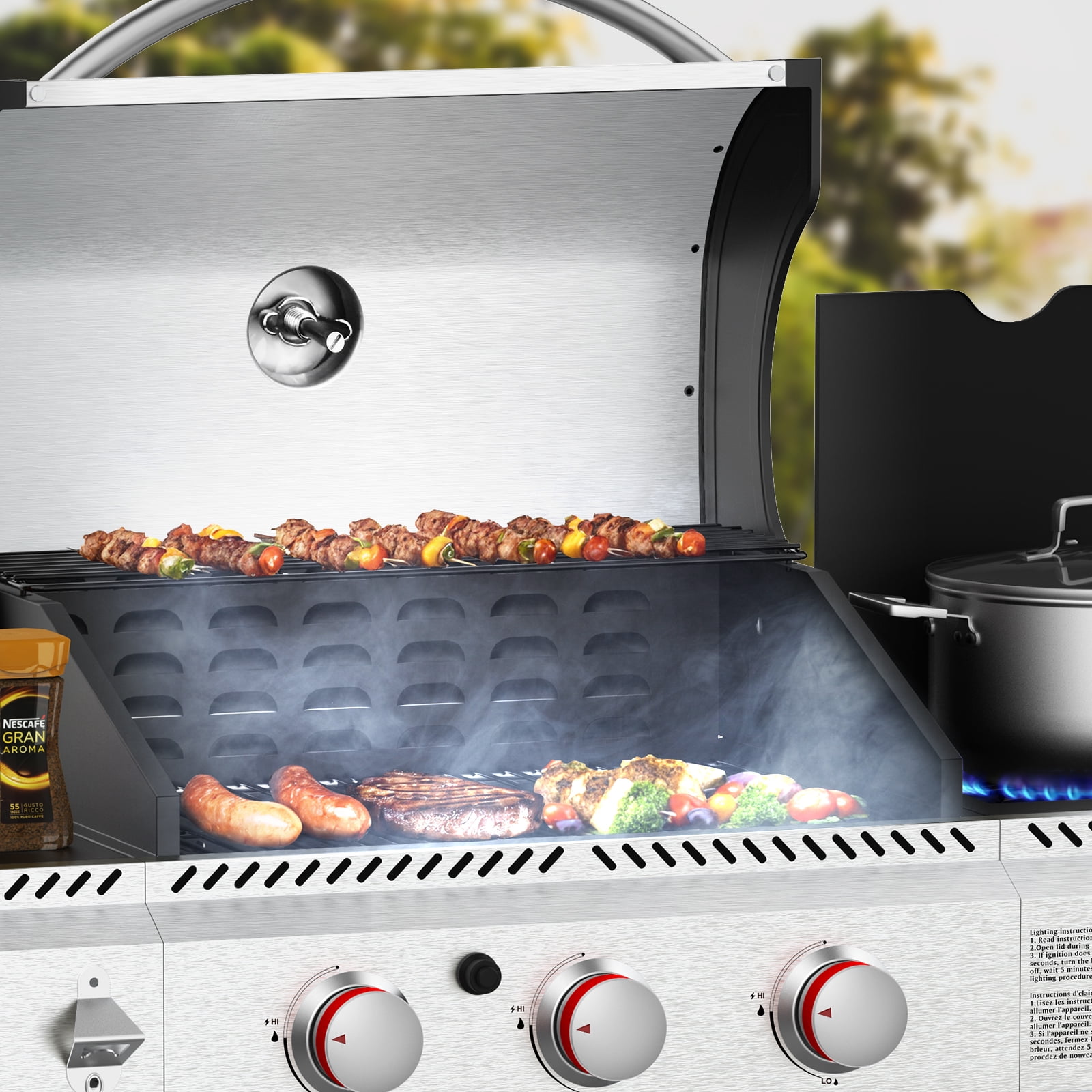 KNDKO 3-Burner Propane Gas Grill with Side Burner, 37,000 BTU Stainless Steel BBQ Grill, Porcelain-Enameled Cast Iron Grates, Heavy-Duty Design for Camping & Outdoor Cooking
