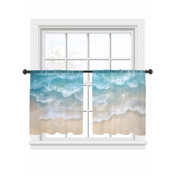 Sheer Curtains 45 inches Long 2 Panels Set Teal Blue Water Ripple Ocean Beach Summer Coastal Scenery Tiers Sheers Rod Pocket Small Window Short Curtains for Kitchen Cafe, Each 52" W x 45" L